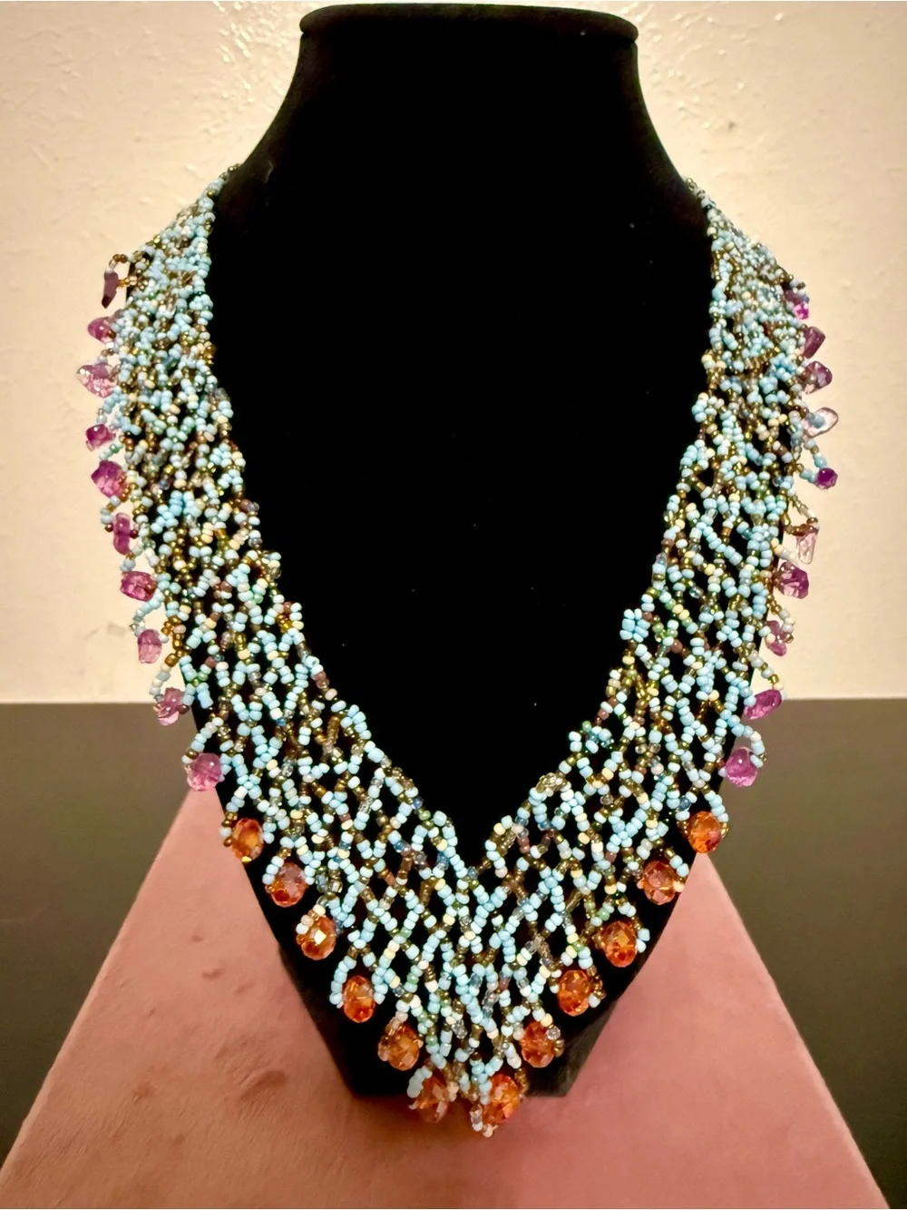 Stunning Handmade Beaded Statement Necklace with Turquoise, Purple and Amber